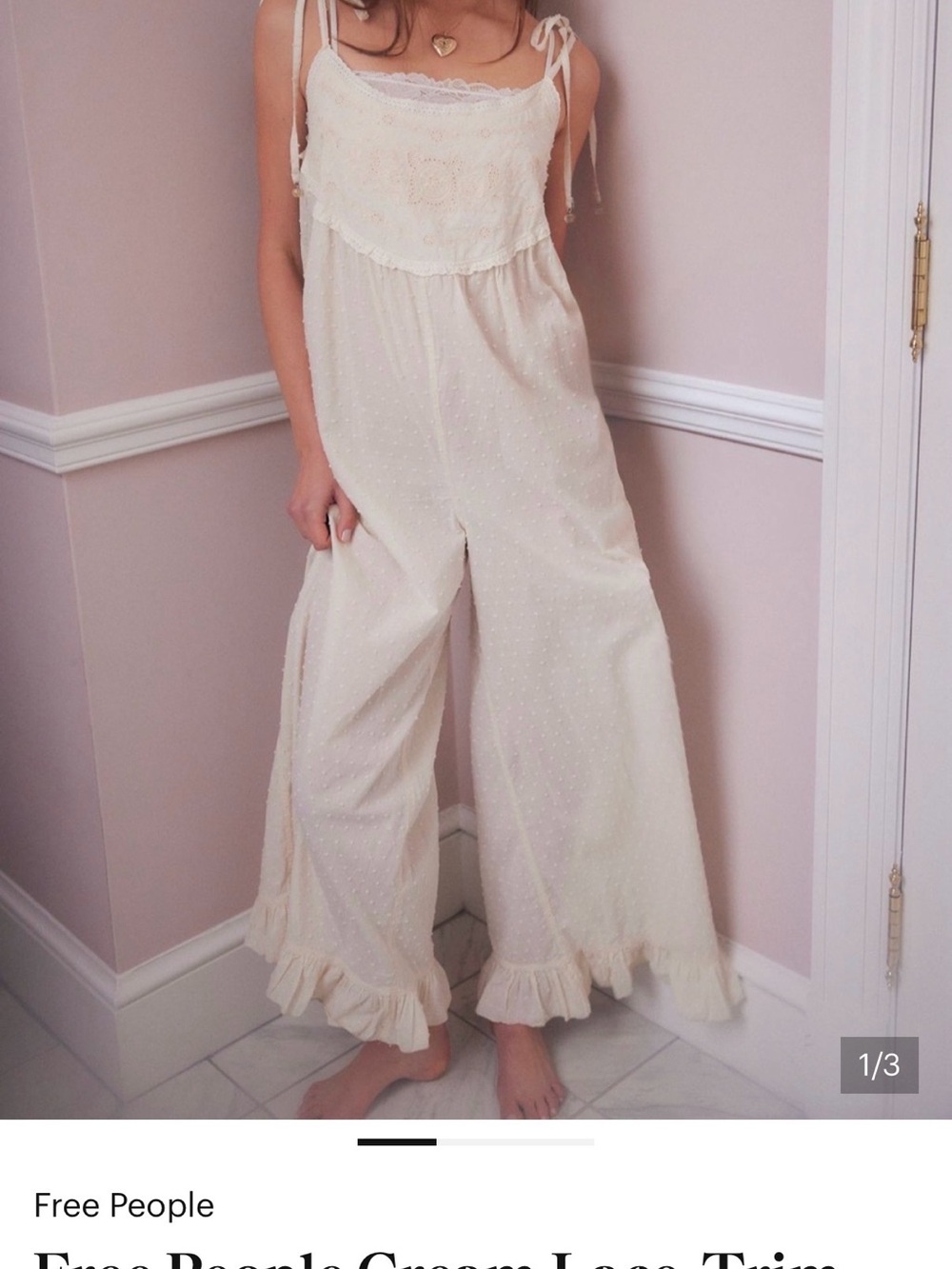 Free People Cream Lace-Trim Wide Leg Jumpsuit with Ruffle Hem